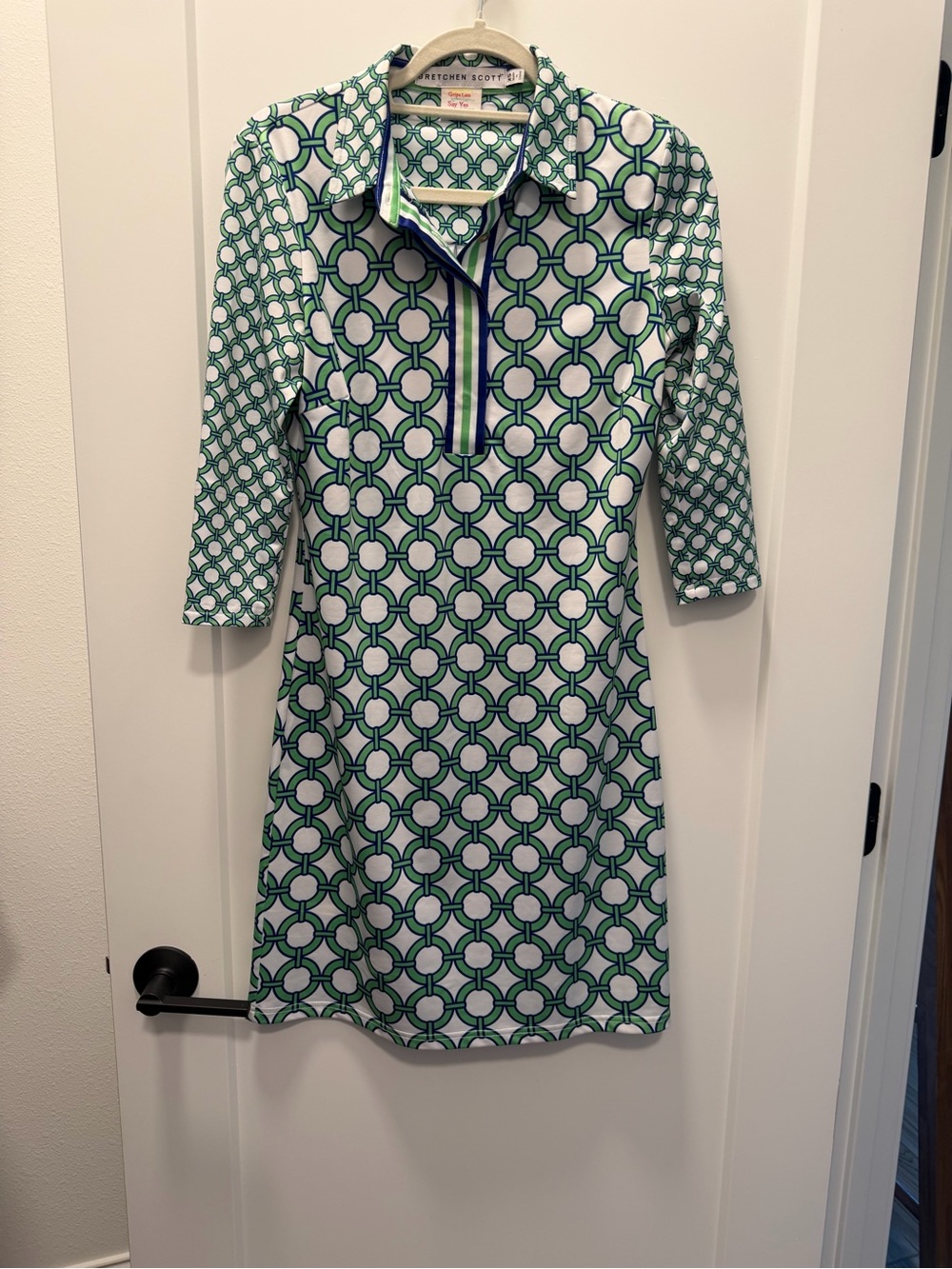 Green & White Geometric Polo Dress with Navy Trim